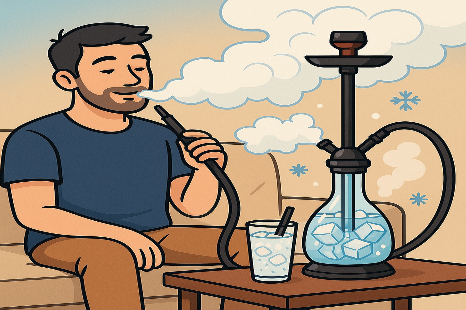 Junger Mann entspannt auf Couch vor moderner Shisha mit eisgefüllter Glas-Bowl – Eis in der Shisha