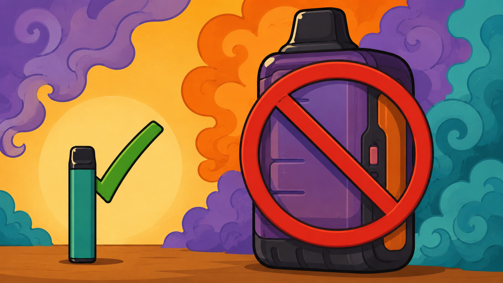 Kleine legale Vape mit gruenem Haken neben grosser illegaler Vape mit rotem Verbotsschild