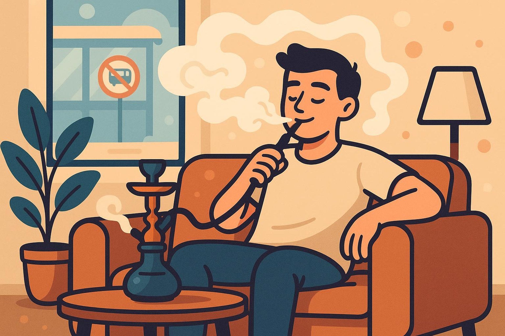 Cartoon: Mann genießt entspannt eine Shisha zuhause auf dem Sofa, im Fenster ein Rauchverbotsschild – Rauchverbot Shisha 2026 in Baden-Württemberg