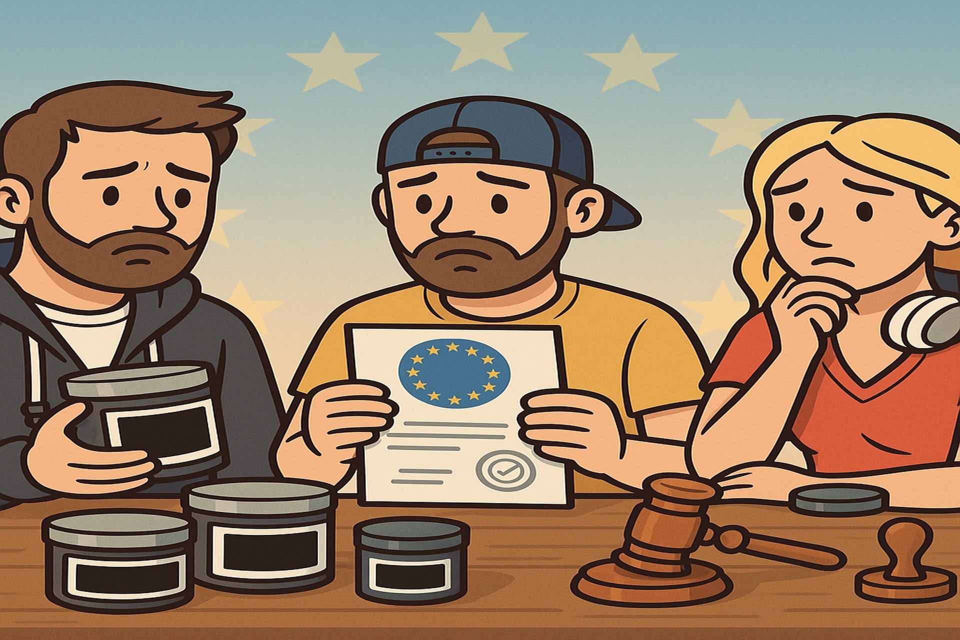 Cartoon-Illustration: Smokez-Crew besorgt über neue EU-TPD3-Tabakregulierungen