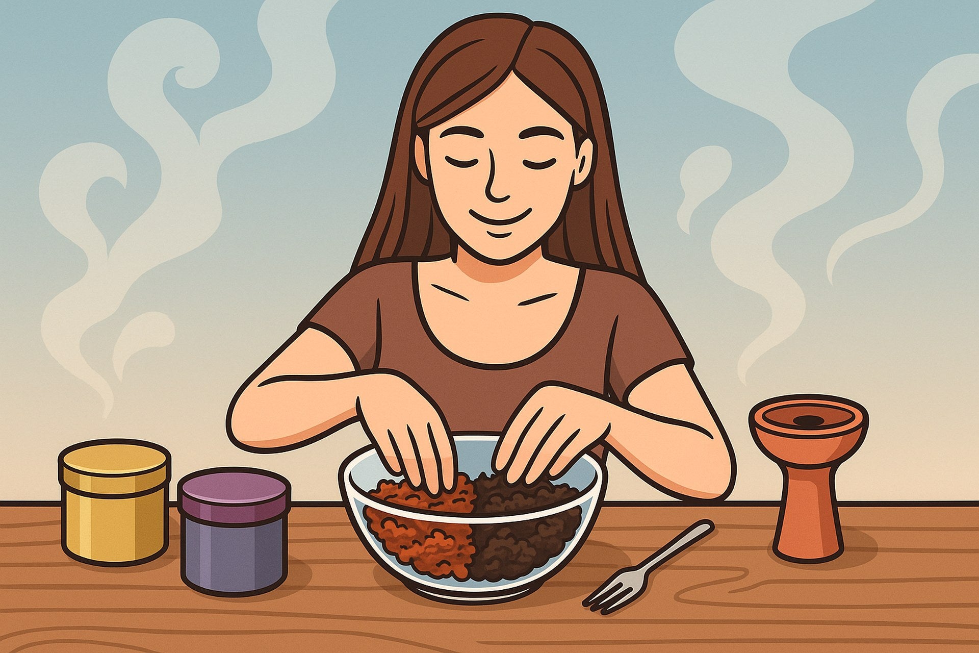 Cartoon-Illustration einer jungen Frau, die zwei Shisha-Tabaksorten in einer Glasschüssel mischt – Smokez-Blog-Stil