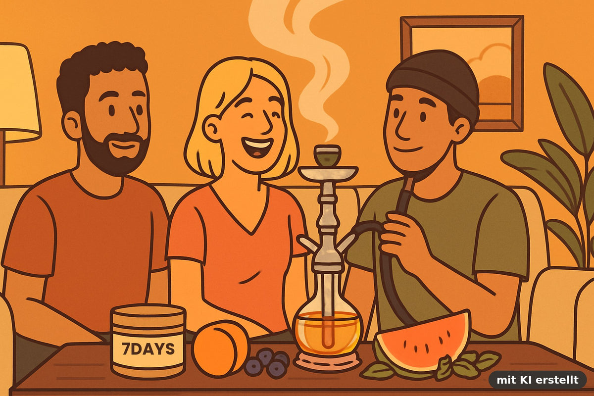 Drei Freunde rauchen gemütlich Shisha im warmen Wohnzimmer, 7Days Tabakdose mit Pfirsich, Blaubeeren und Wassermelone auf dem Tisch bei Smokez