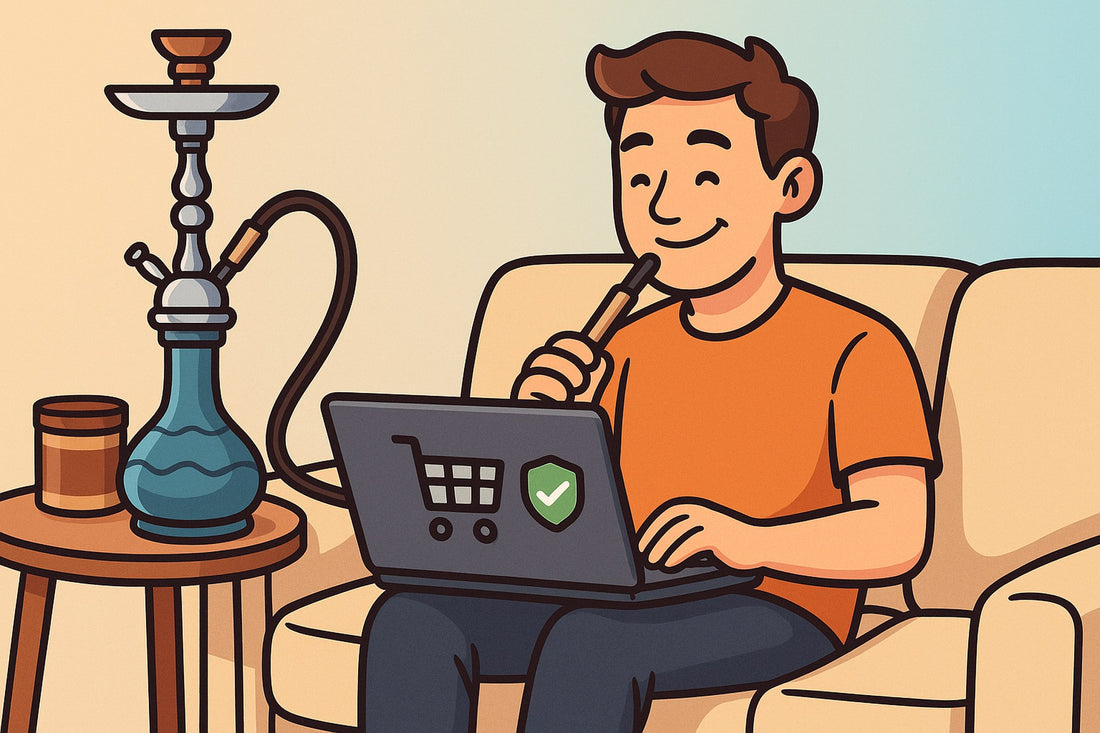 Shisha-Tabak und Vapes sicher online kaufen – Mann kauft entspannt im seriösen Onlineshop ein, Shisha und Tabak daneben