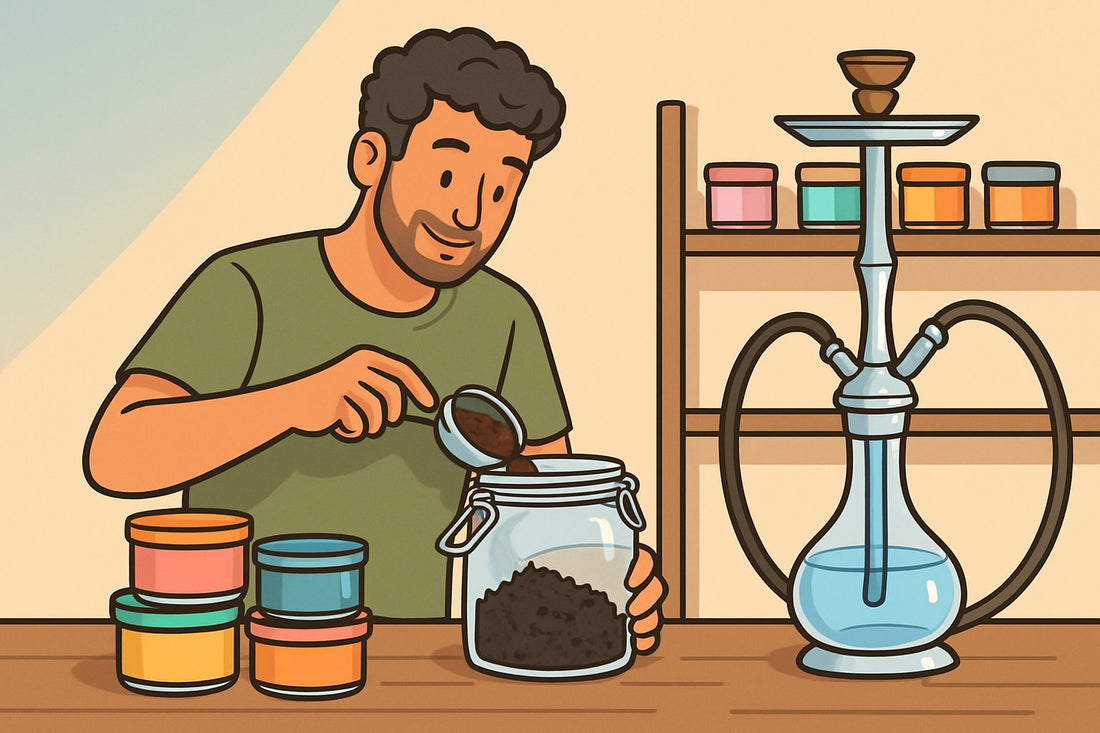 Cartoon: Mann füllt Shisha Tabak aus bunter Dose in ein luftdichtes Vorratsglas, daneben Shisha mit Glas-Bowl und Regal mit Tabakdosen
