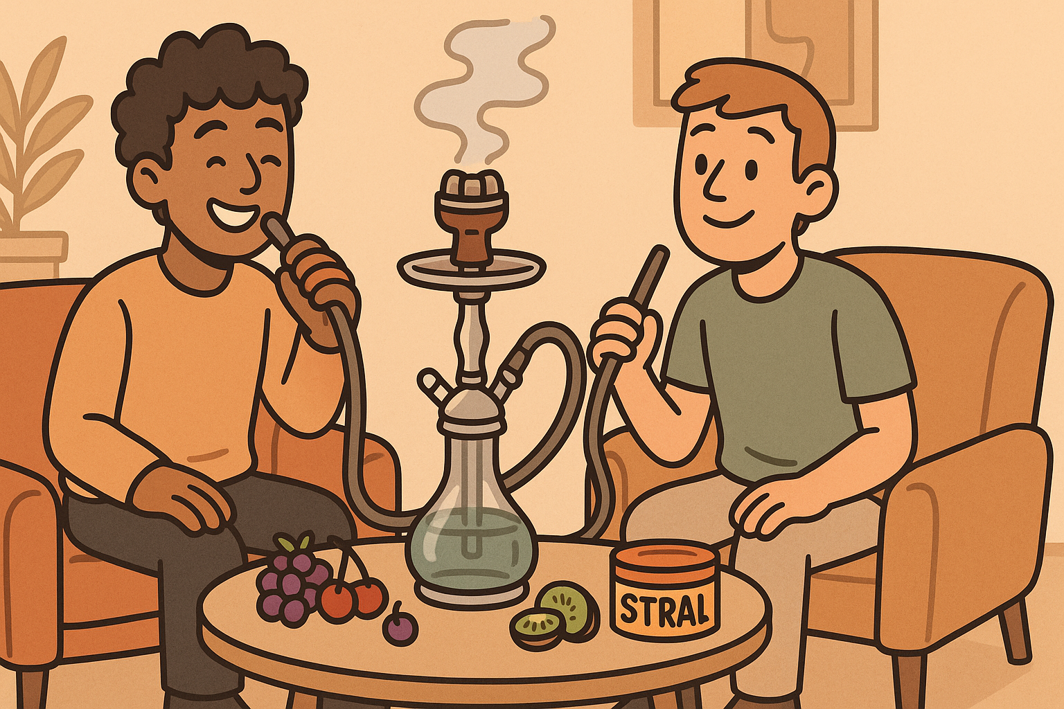 Stral Tabak – zwei Freunde rauchen Shisha mit Stral Tabak bei Smokez