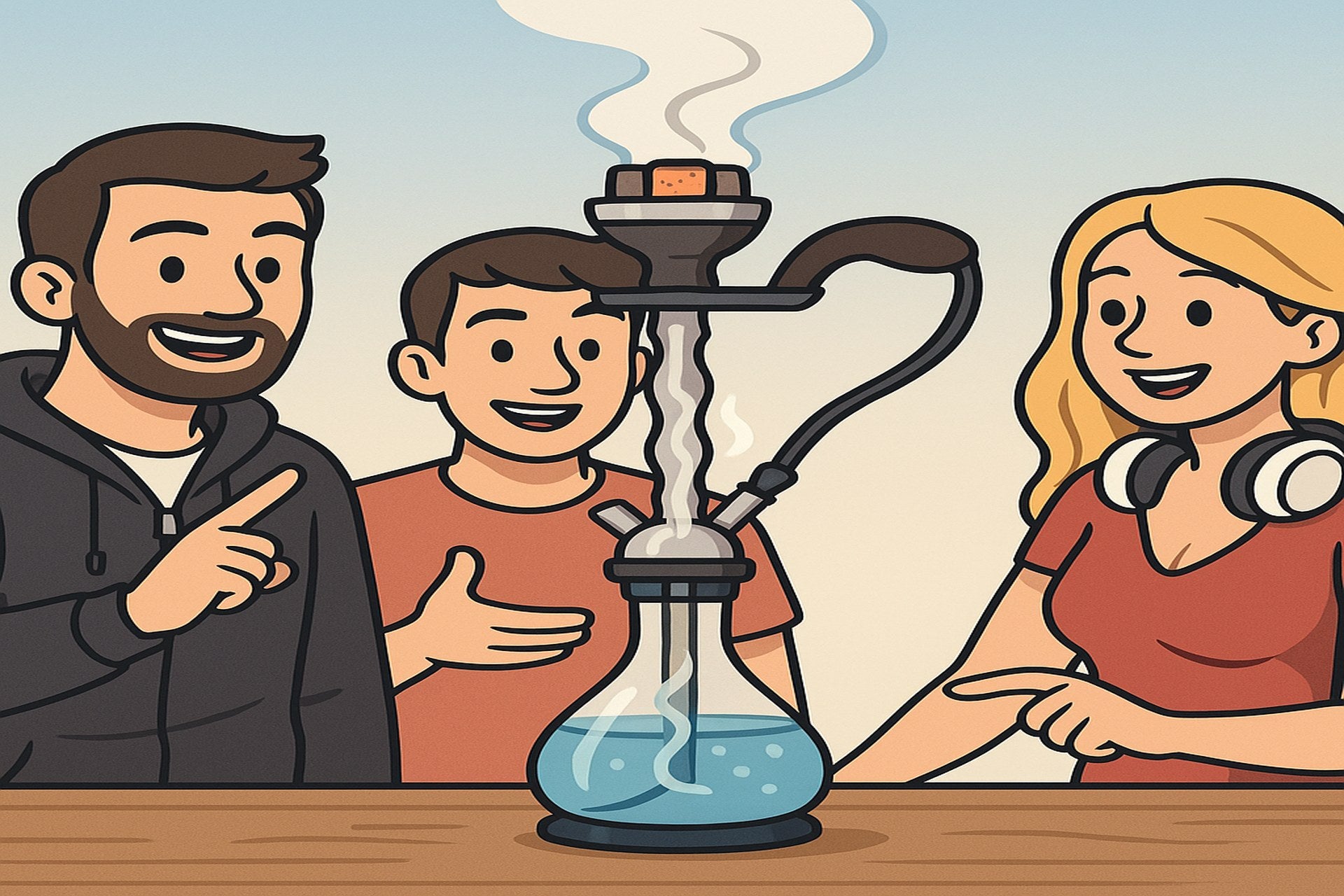 Cartoon-Illustration: Smokez-Crew erklärt wie eine moderne Shisha funktioniert