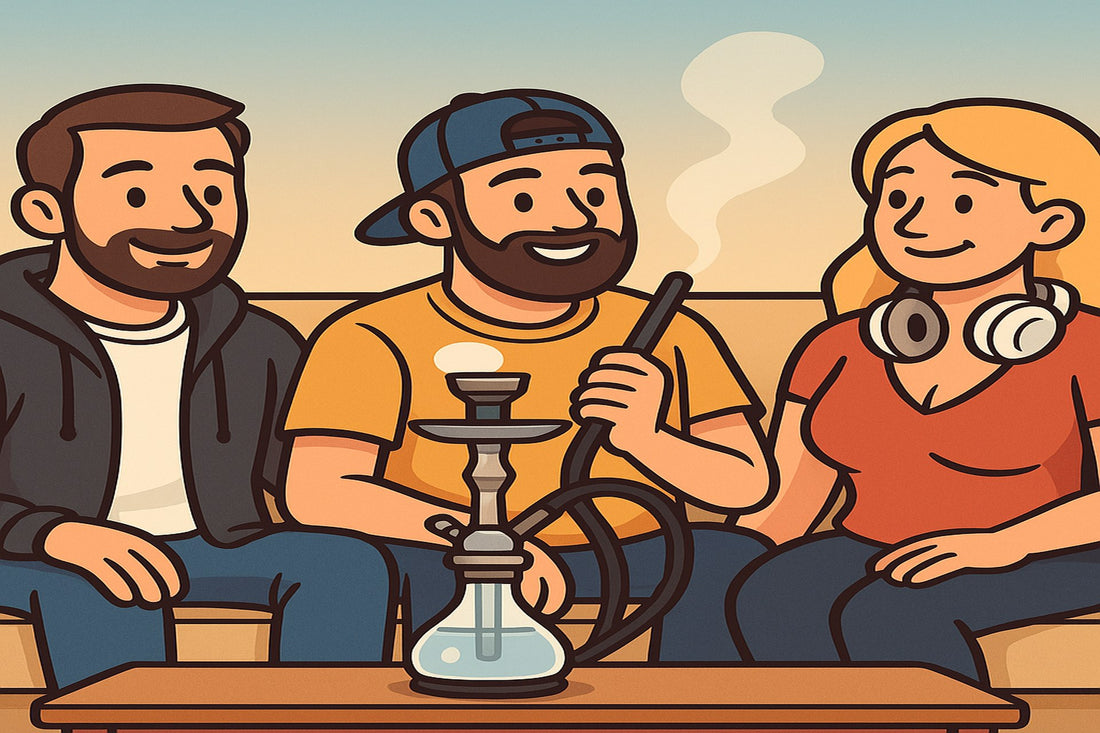 Cartoon-Illustration: Smokez-Crew entspannt zu Hause auf der Couch mit Shisha