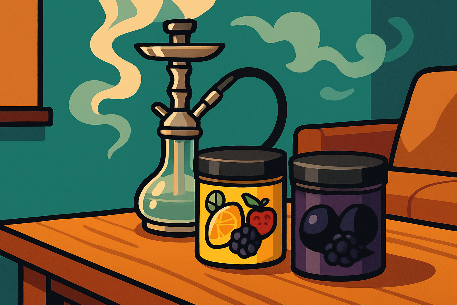 Cartoon mit zwei Hide Shisha Tabak Dosen – fruchtige Virginia und dunkle Dark Blend – vor einer Glas-Shisha