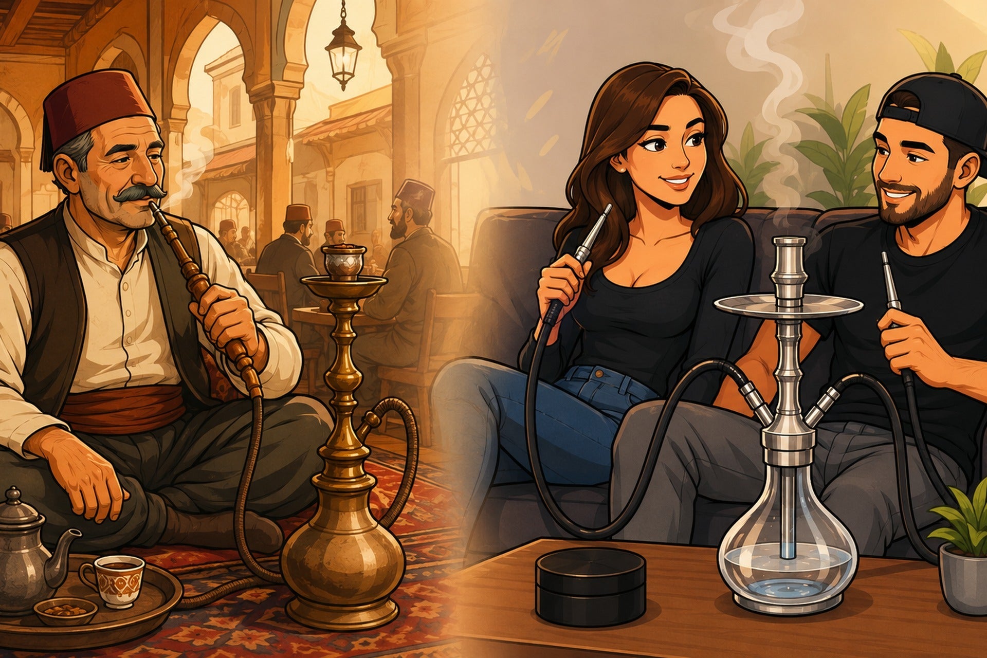Geschichte der Shisha: traditioneller orientalischer Raucher und modernes Paar mit Shisha in einer Lounge