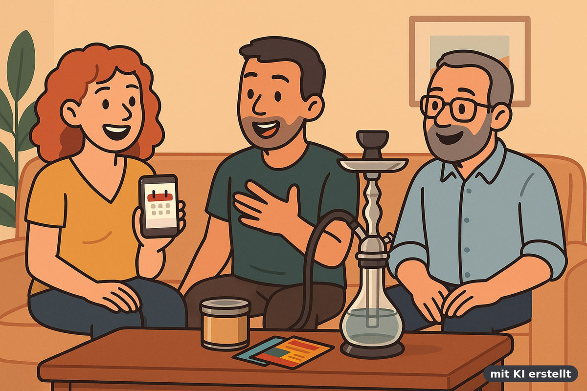 Drei Freunde sitzen im Wohnzimmer an der Shisha und sprechen über die InterTabac 2026 bei Smokez