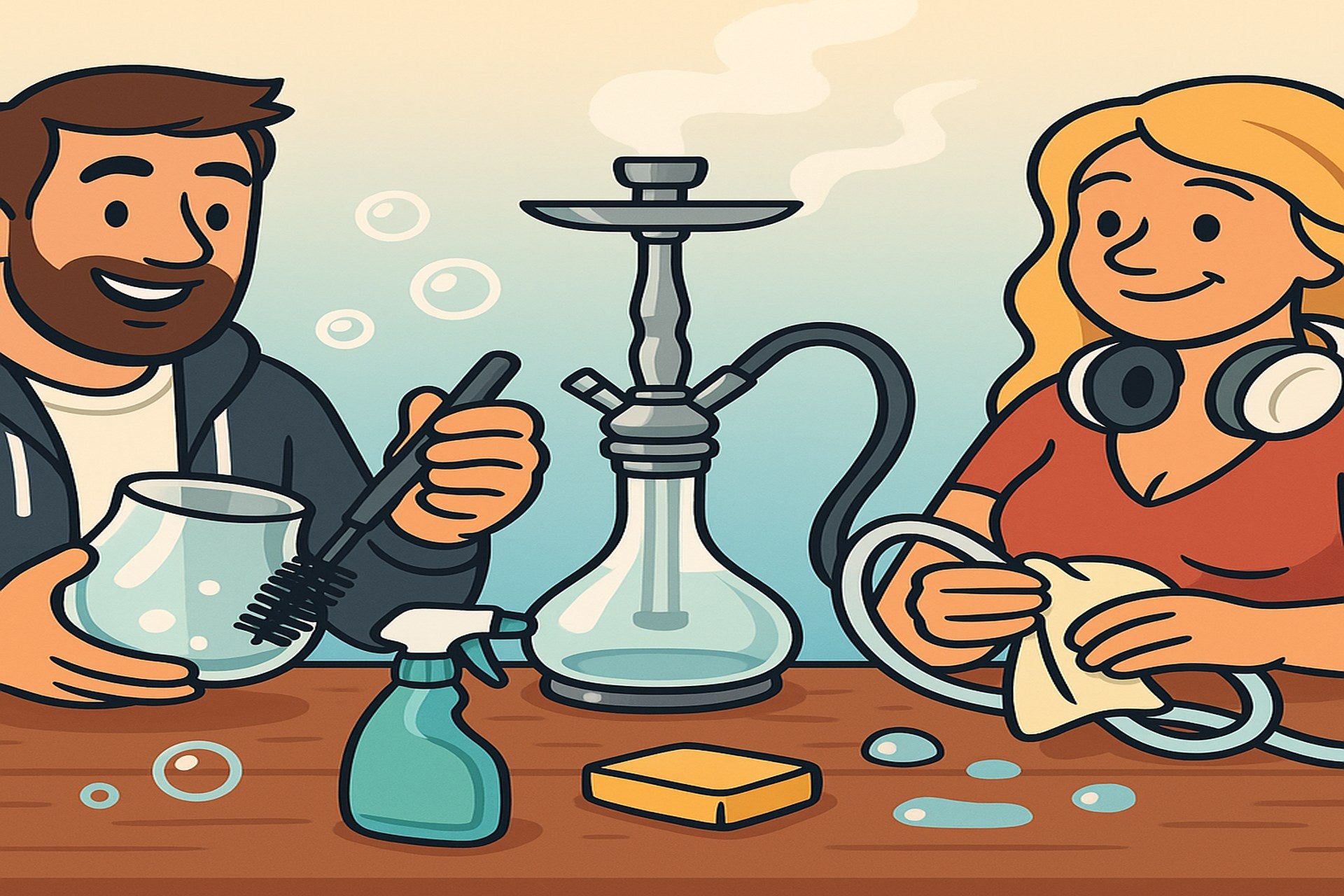 Cartoon-Illustration: Smokez-Crew reinigt zusammen eine Shisha
