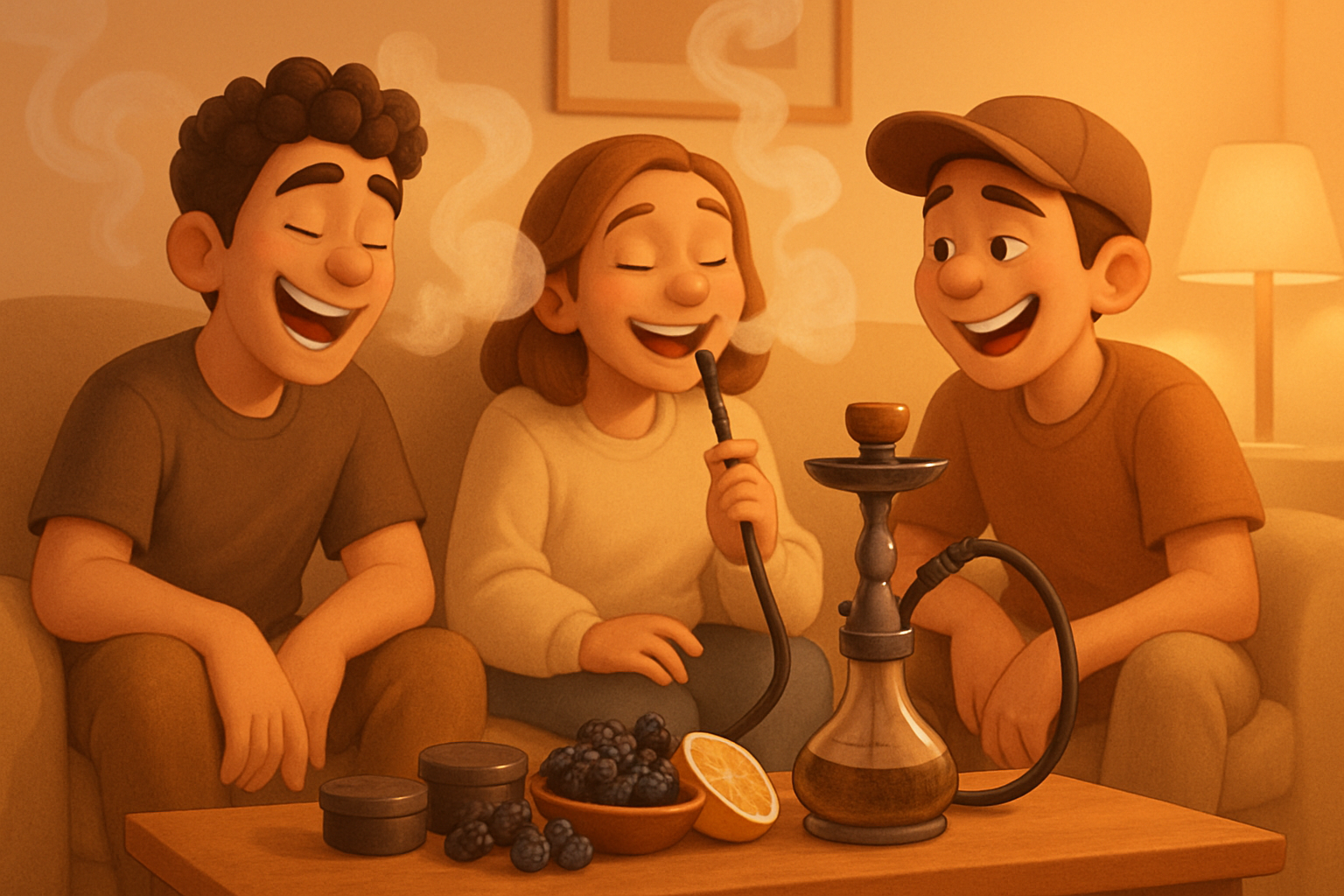 Drei Freunde rauchen gemütlich Shisha im warmen Wohnzimmer, auf dem Tisch Vidavi Tabak Dosen mit Beeren und Zitrone bei Smokez