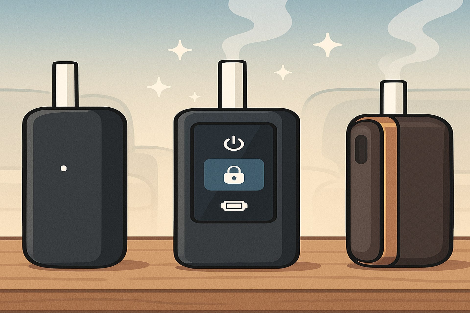 Cartoon: Drei IQOS Iluma Tabakerhitzer im Modellvergleich – alt, neu mit Touchscreen und Prime