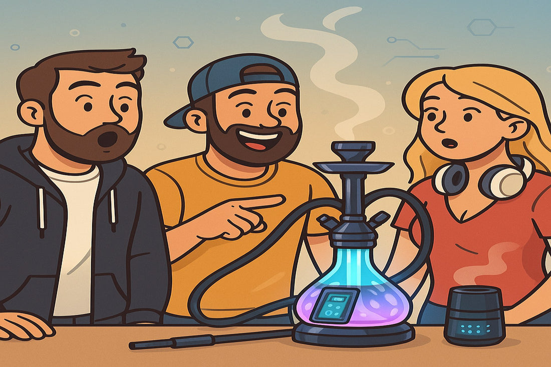 Cartoon-Illustration: Smokez-Crew staunt über moderne High-Tech-Shisha mit LED-Display