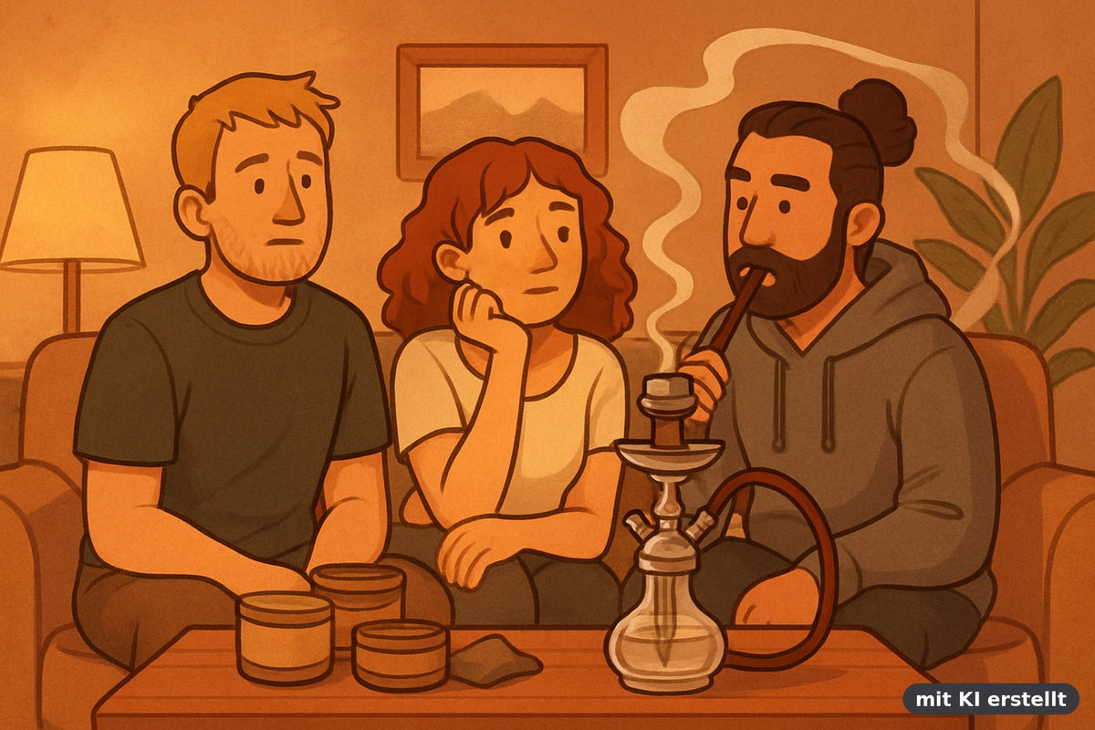 Drei Freunde rauchen nachdenklich Shisha im warmen Wohnzimmer, alte leere Tabakdosen als Erinnerung auf dem Tisch bei Smokez