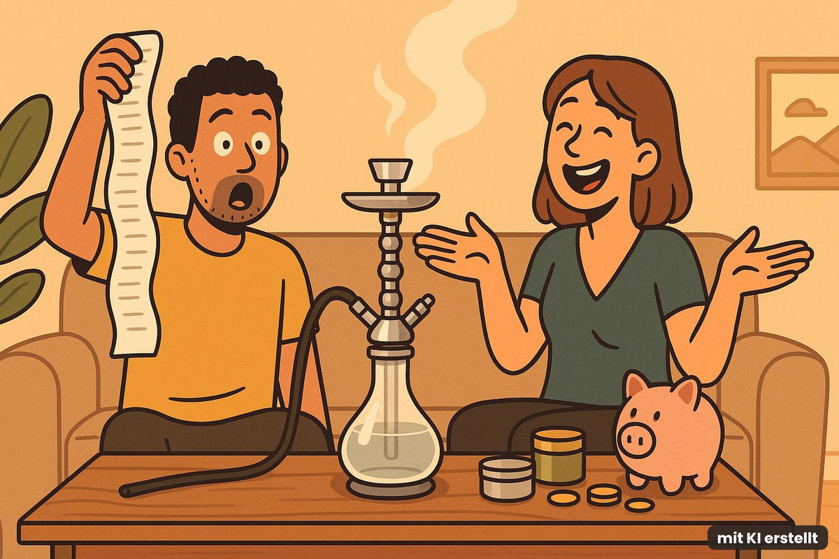 Shisha Tabak Preis 2027 – zwei Freunde mit Shisha und Kassenzettel bei Smokez
