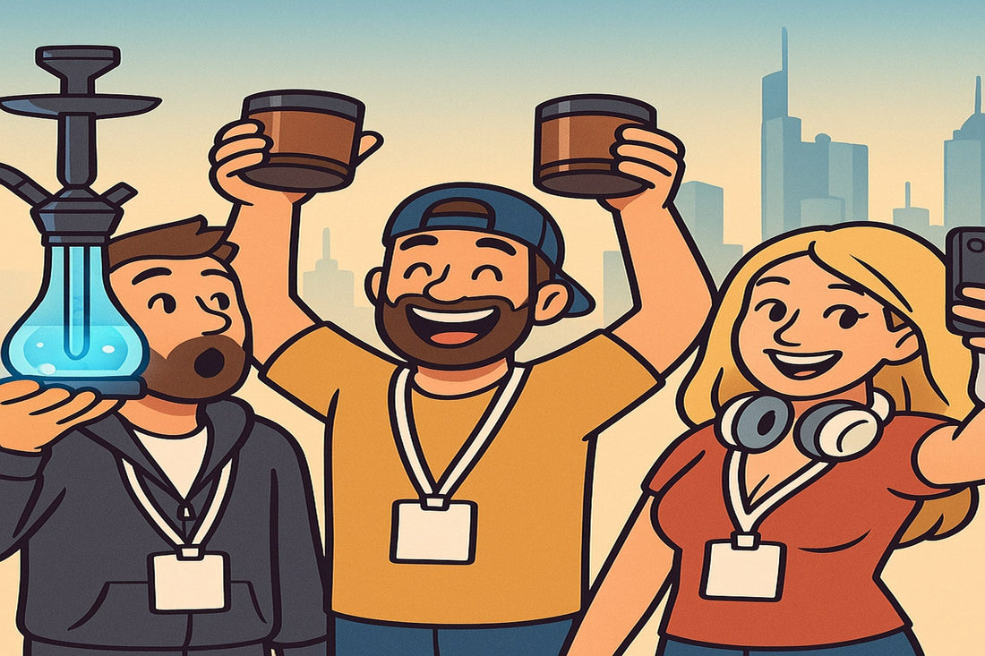 Cartoon-Illustration: Smokez-Crew auf der ShishaMesse Frankfurt 2026 mit Lanyards und neuen Shishas