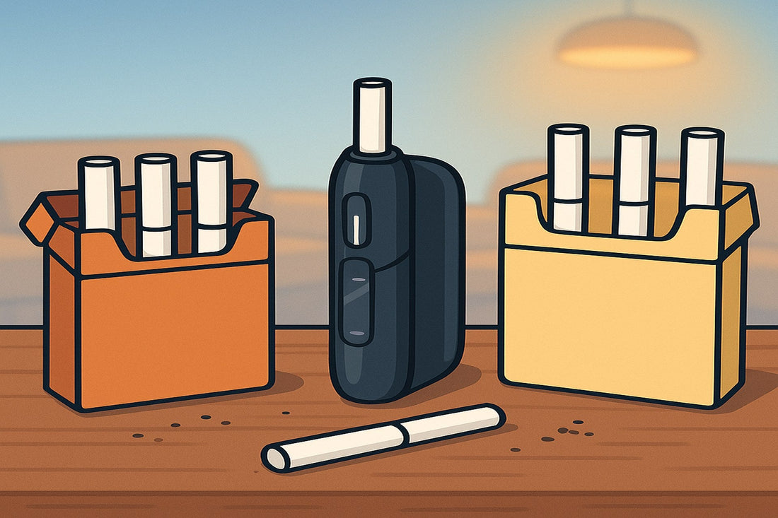 Cartoon: Terea und Heets Packungen mit Sticks und IQOS Iluma Tabakerhitzer im Vergleich