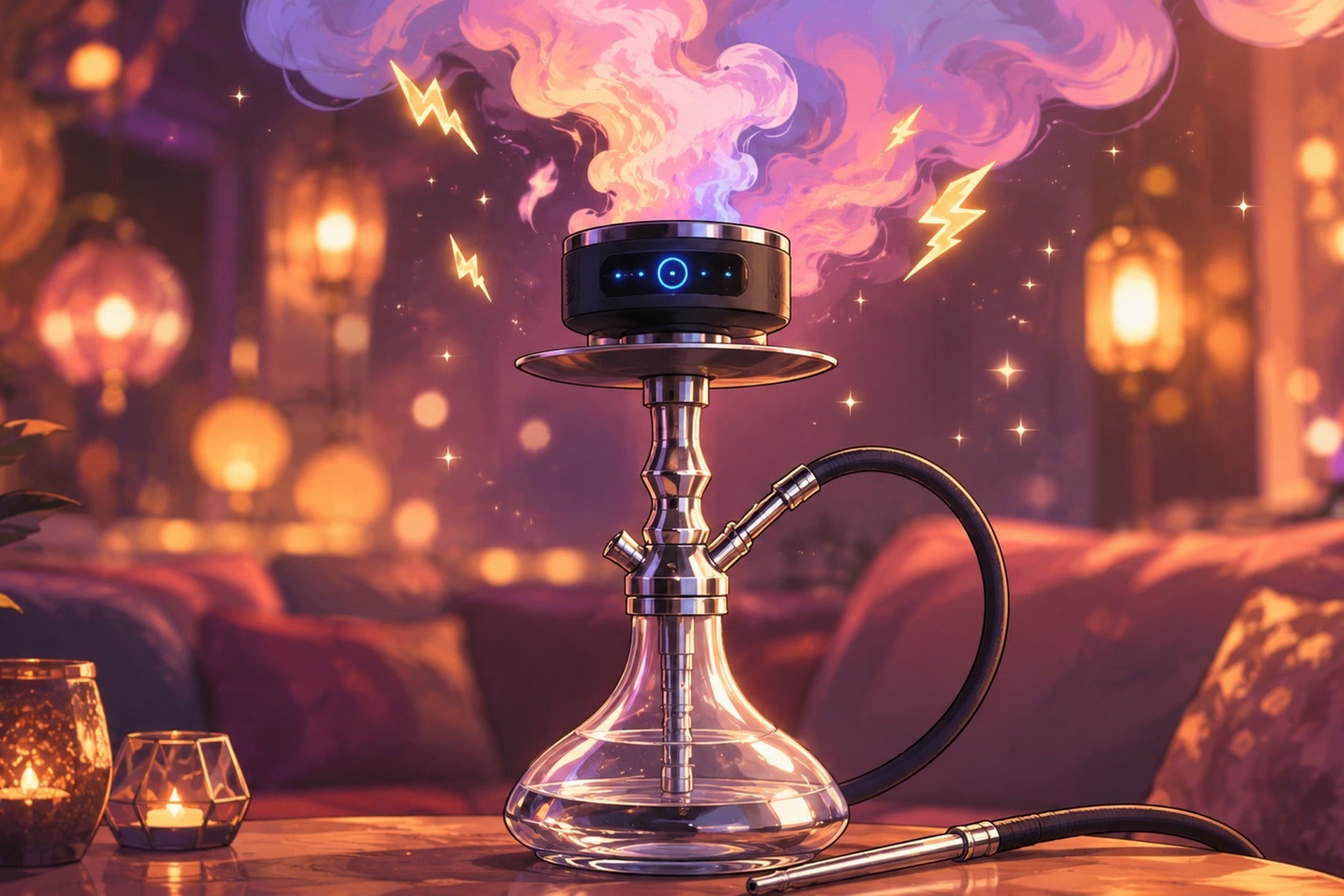 Elektrischer Shisha-Kopf XKAH glüht mit lila Rauch auf einer Shisha in einer Lounge
