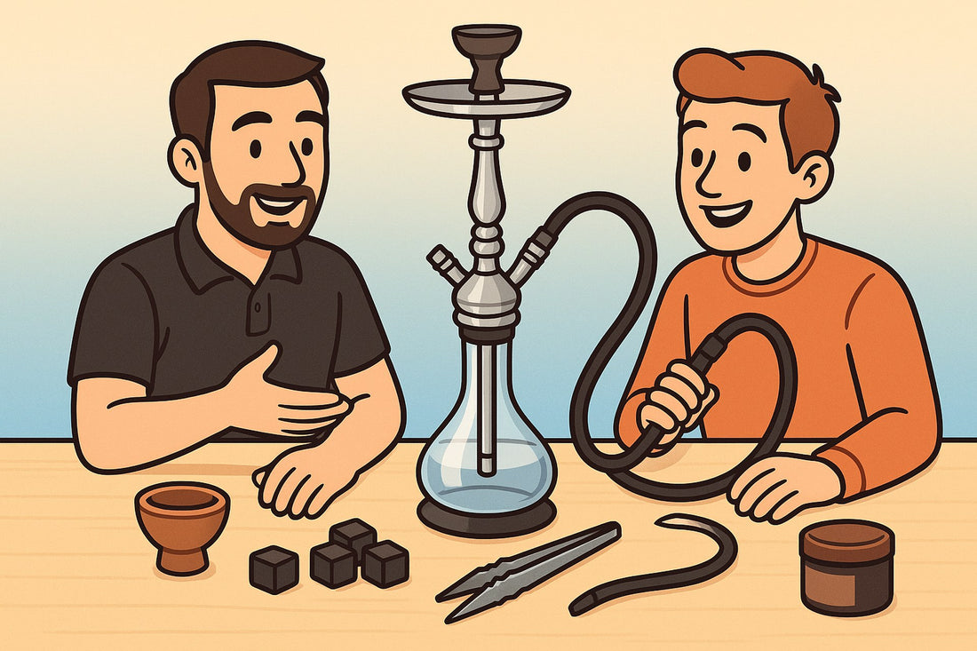 Shisha-Einsteiger-Guide – Fachhändler erklärt Anfänger Aufbau einer ersten Shisha mit Kopf, Naturkohle, Zange und Tabak