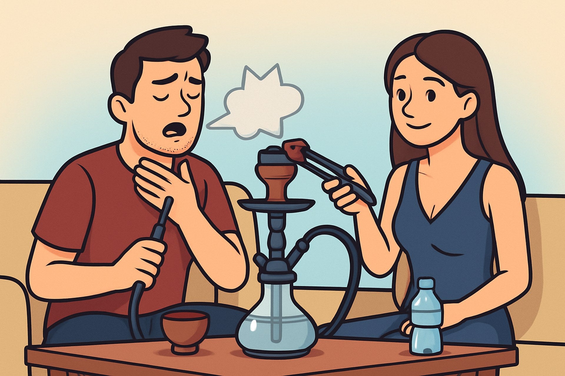 Cartoon: Mann fasst sich beim Shisha-Rauchen an den Hals, Frau nimmt die Kohle mit der Zange vom Kopf – Shisha kratzt im Hals