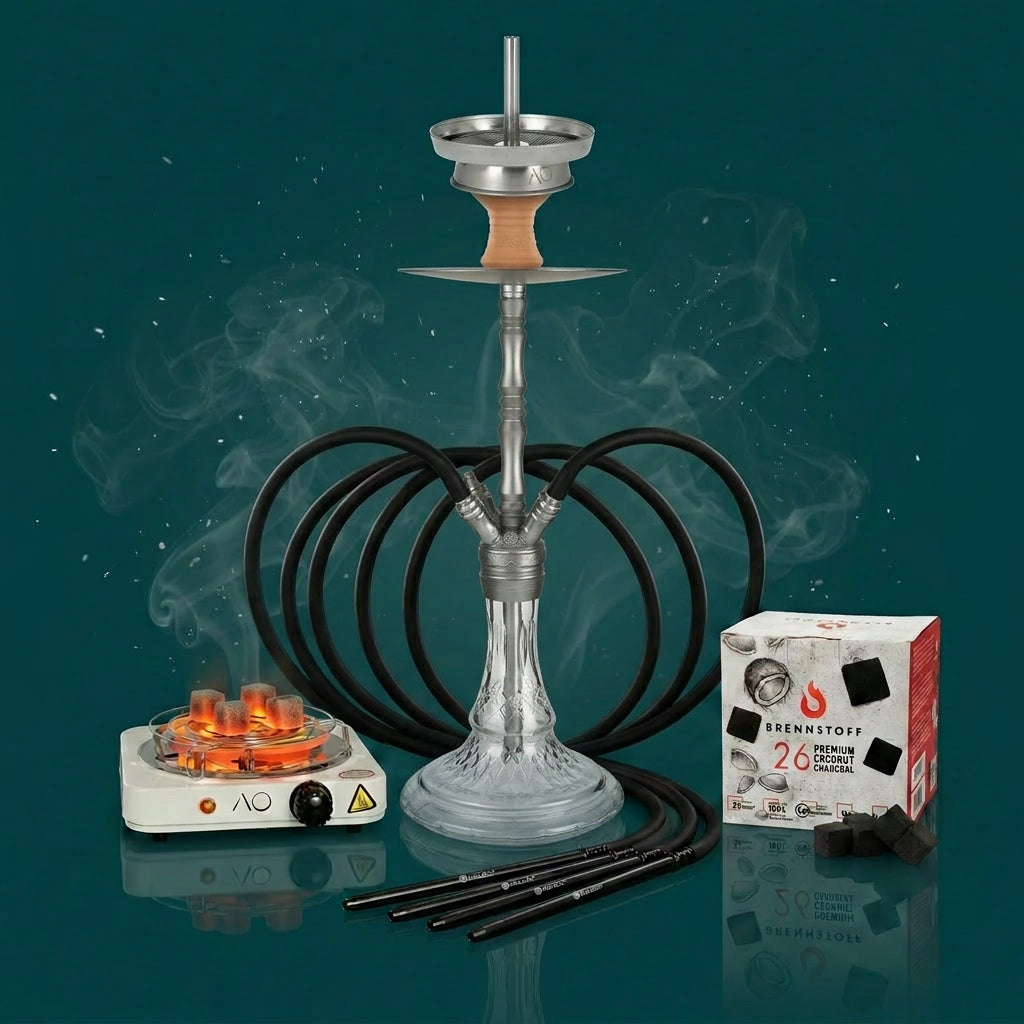 Mata Leon Sokro Alu All In One Set – komplettes Bundle mit Shisha, 4 Schläuchen, 4 Mundstücken, Tonkopf mit AO Strainer Kaminaufsatz, Kohleanzünder und Brennstoff Naturkohle